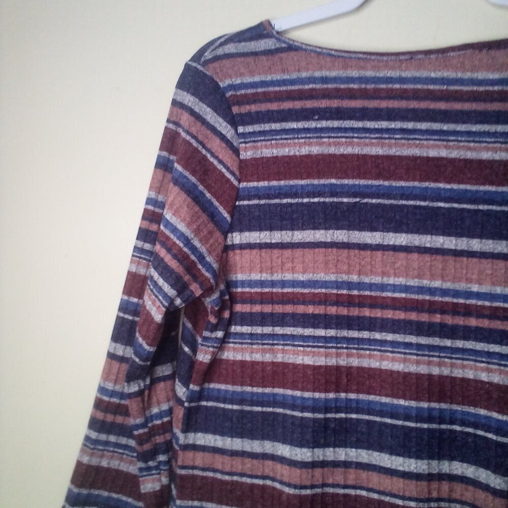 Another Reason Shirt Blouse L 3/4 Sleeve Tie Detail Ribbed Stripe Blue Red - Picture 4 of 14